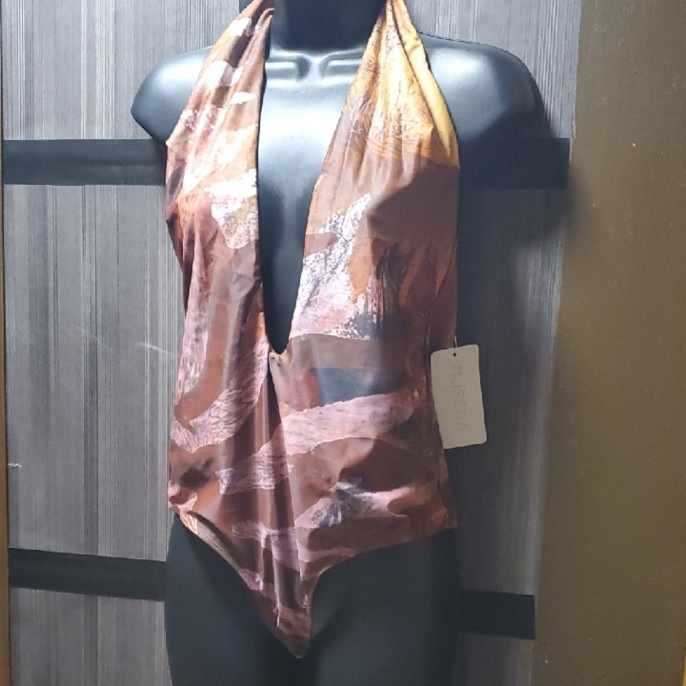 Brown Abstract Print Plunge Halter Bodysuit